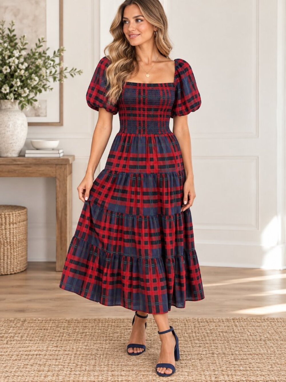 Midnight Doll Plaid Maxi Dress XS Smocked Puff Sleeve Tiered Cottagecore